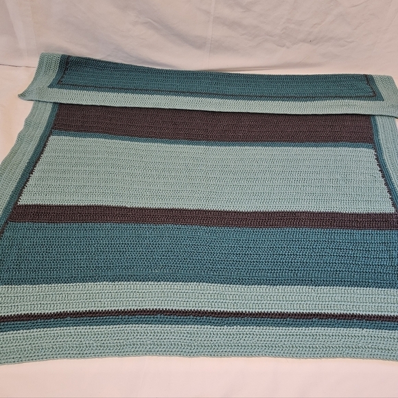 Handmade Upcycled Baby Blanket Blue Brown Striped Hand knit Crochet Nursery Gift - Picture 11 of 16